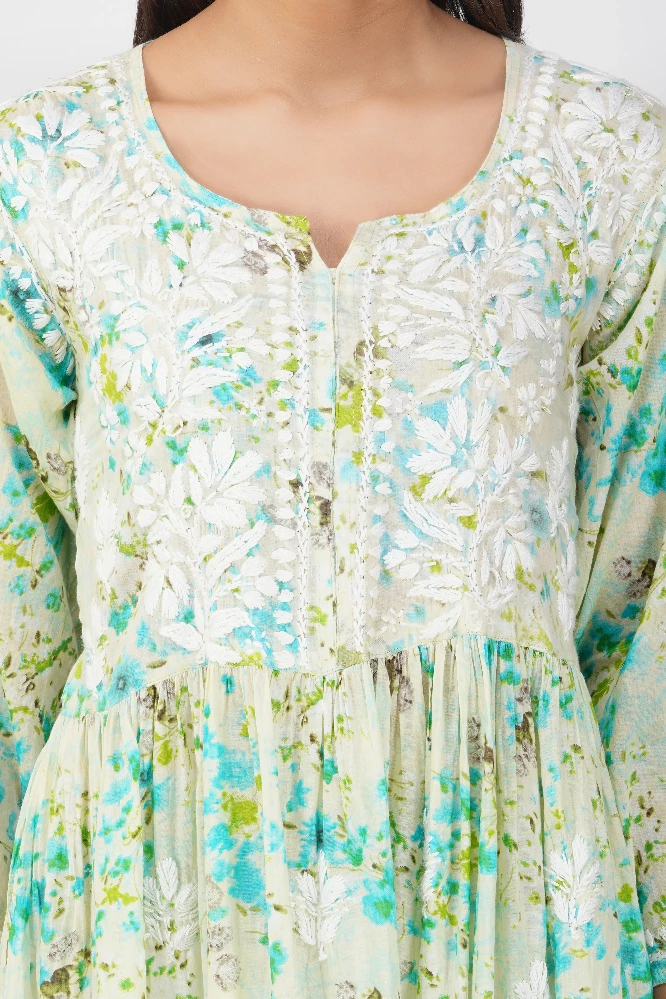 Green Short Malmal  Cotton Chikankari Gown-2.webp